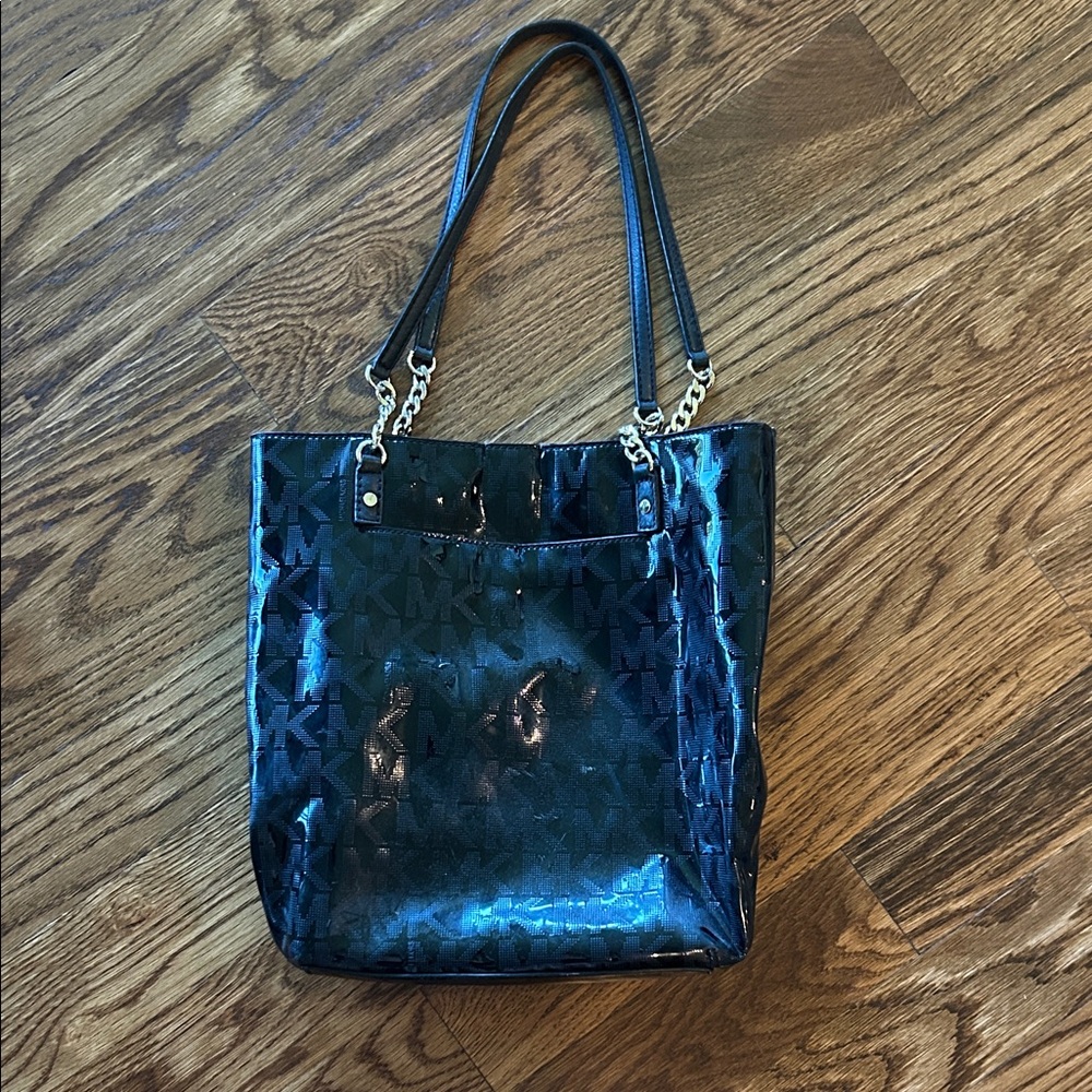 Michael Kors Shiny Black Tote Bag with Gold Accents